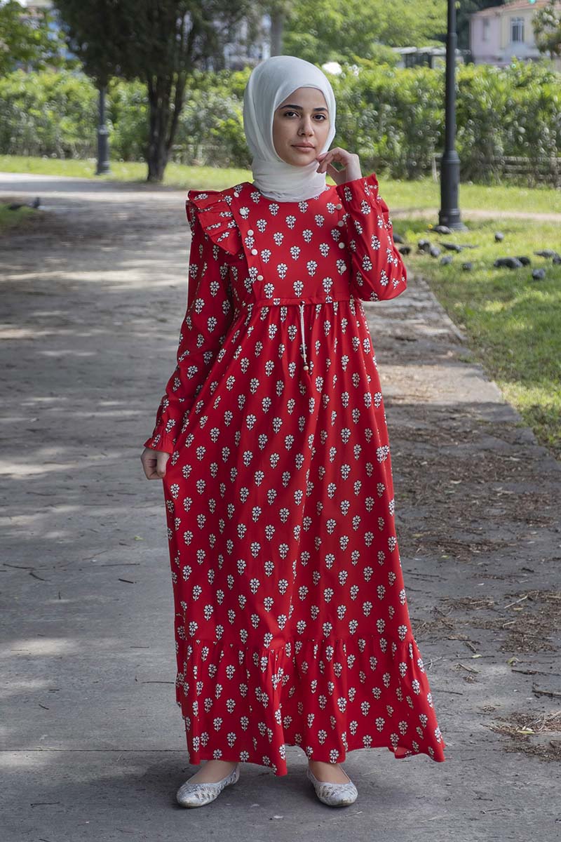 Çocuk Tesettür Elbise Karanfil Model Kırmızı 