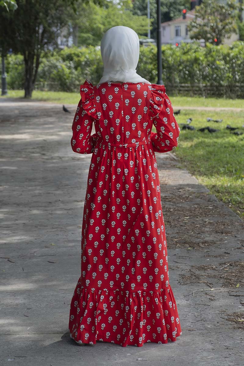 Çocuk Tesettür Elbise Karanfil Model Kırmızı - 2
