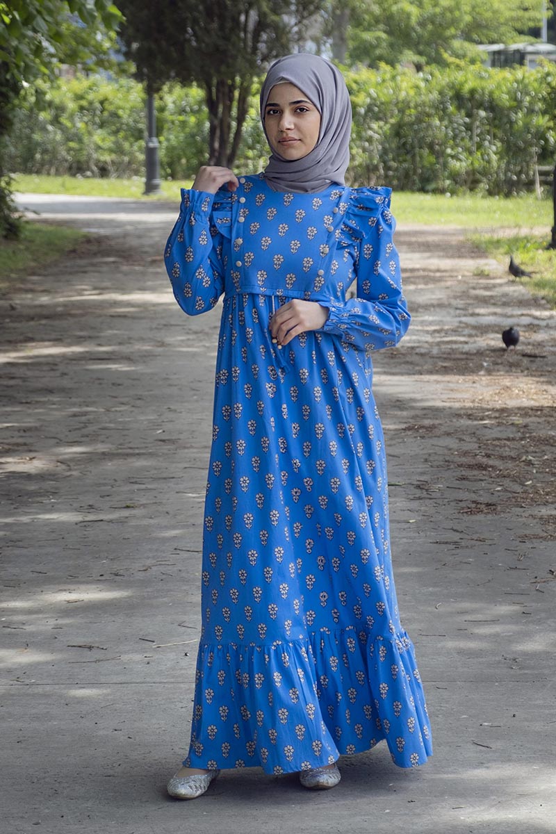 Çocuk Tesettür Elbise Karanfil Model Mavi - 1