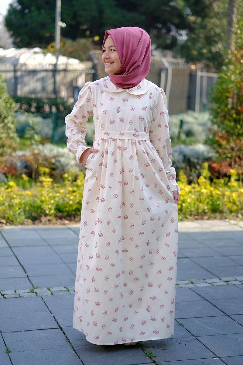 Çocuk Tesettür Elbise Yasemin Model Krem 